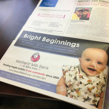 Half-page advertisement for milk bank featuring a happy baby