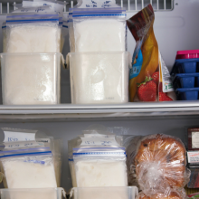 Freezer containing food, as well as bags of pumped breastmilk